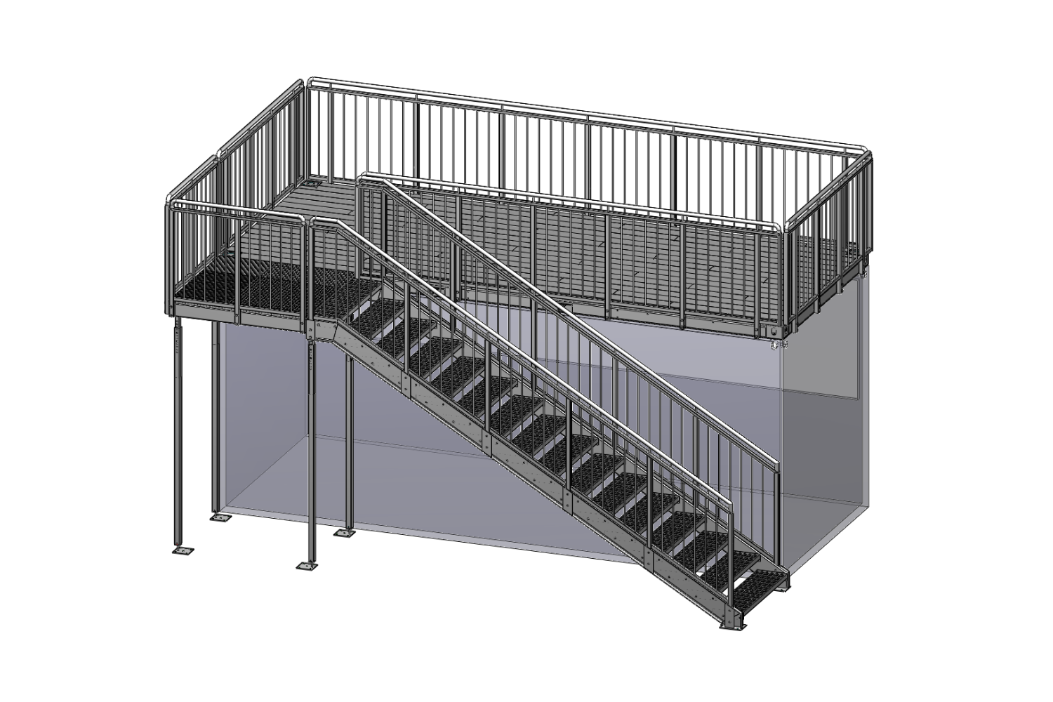 3D-Rendering einer Metalltreppe mit Geländer, die zu einer erhöhten Plattform führt - perfekt für eine Modulbau-Veranstaltung. Die Plattform wird von Säulen getragen und ist mit einem passenden Geländer versehen, das ein industrielles, utilitaristisches Design zeigt.