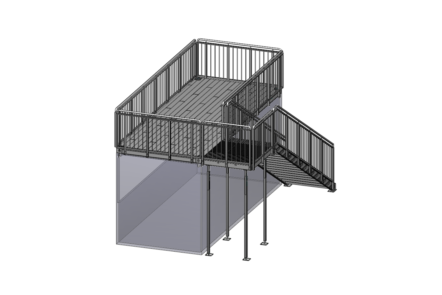 3D-Rendering einer erhöhten Metallplattform mit Geländer, die von Pfosten getragen wird und eine Treppe aufweist, die von der rechten Seite nach oben führt. Der Boden unter der Plattform ist teilweise geschlossen - ideal für einen Modulbau-Eventaufbau.