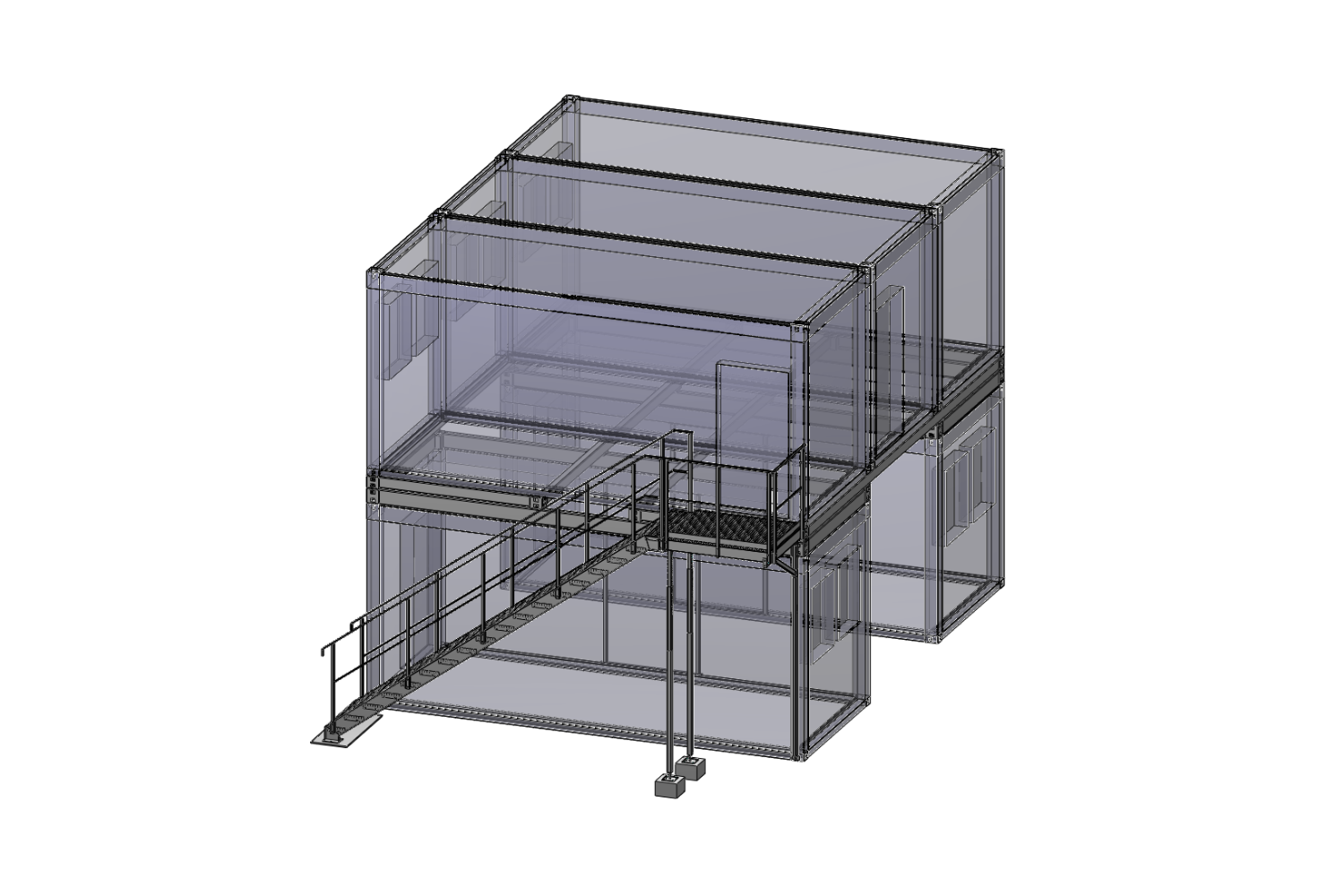 3D-Rendering eines transparenten, kastenförmigen Industriegebäudes mit drei miteinander verbundenen Räumen und einem Metallsteg und einer Treppe, die zu einem erhöhten Eingang führen. Die Struktur hat einen sichtbaren Stahlrahmen und Geländer.