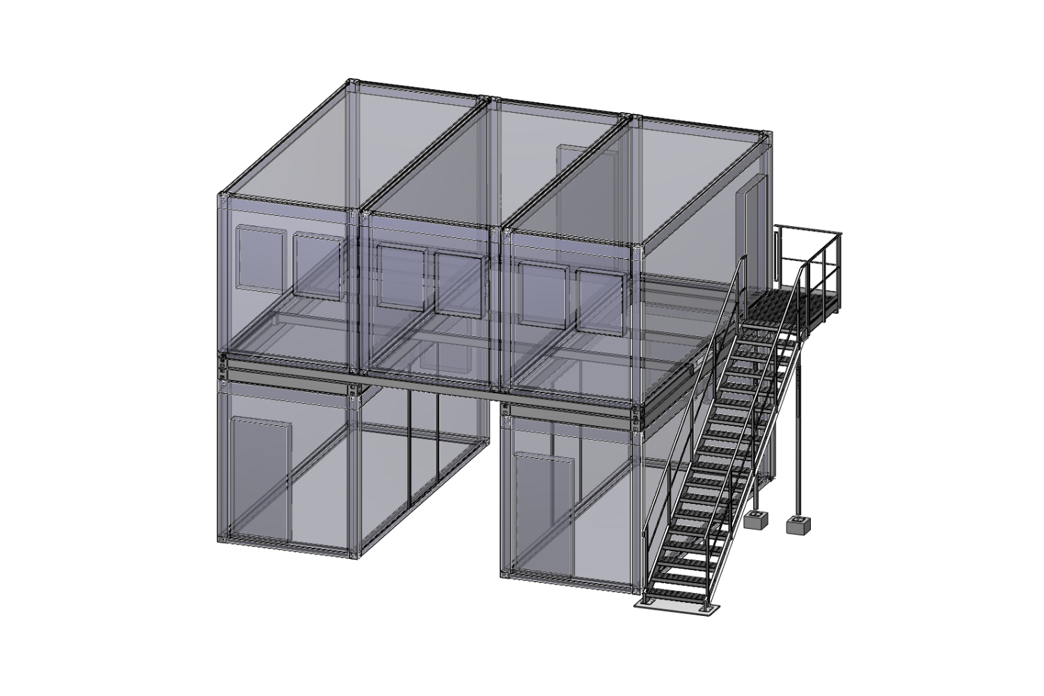 3D-Rendering eines zweistöckigen modularen Gebäudes mit transparenten Wänden, das vier Räume auf jeder Etage und eine Außentreppe zeigt, die in die obere Etage führt.