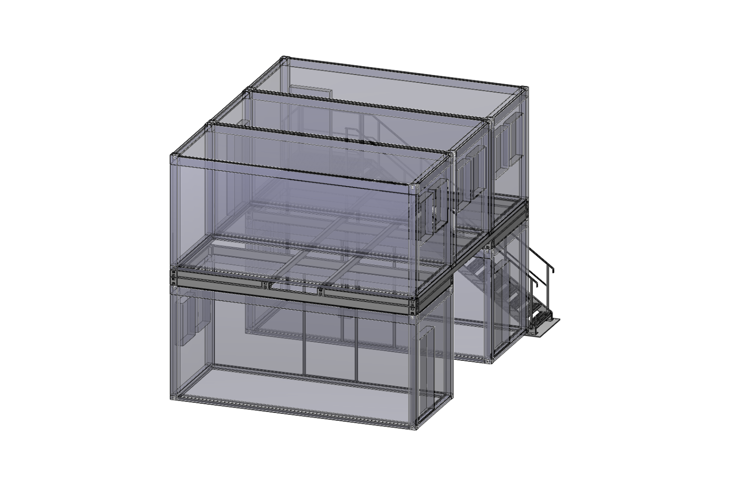 Transparentes 3D-Modell eines zweistöckigen modularen Gebäudes mit Außentreppe, die vom Erdgeschoss ins Obergeschoss führt, Innenräumen und sichtbarem Tragwerk.