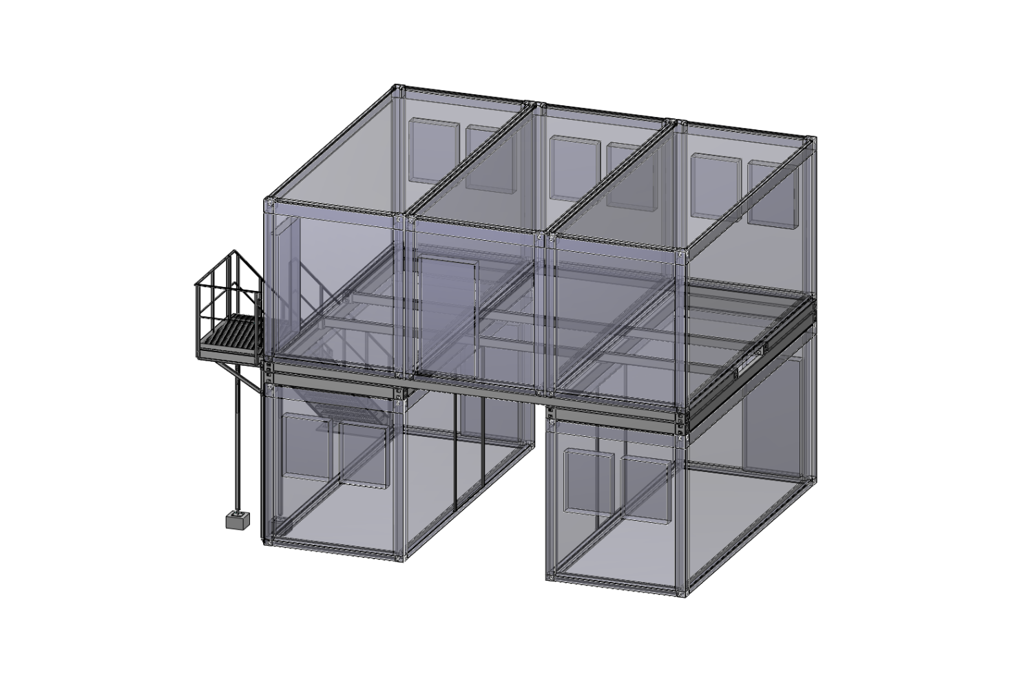 3D-Rendering einer zweistöckigen modularen Glasstruktur mit einer Außentreppe und einer Plattform aus Metall, die in die obere Etage führen; die Struktur hat mehrere unterteilte Räume und große Fenster.