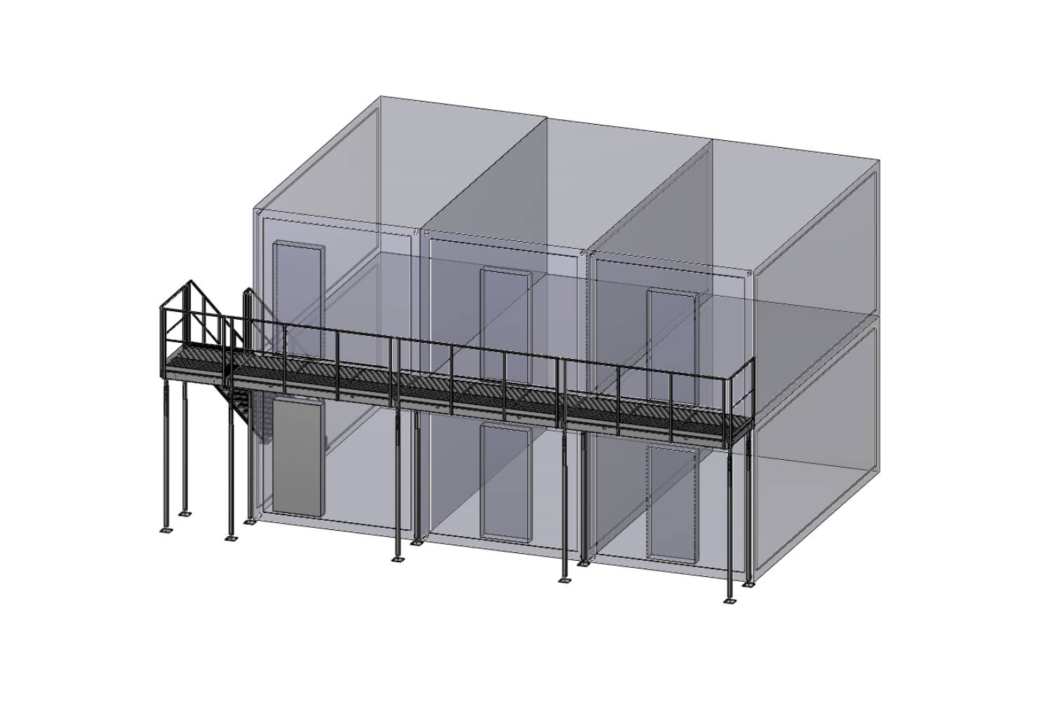 3D-Rendering einer modularen Struktur mit drei transparenten rechteckigen Räumen und einem erhöhten Metallsteg mit Treppen und Geländern, die von Säulen vor den Räumen getragen werden.