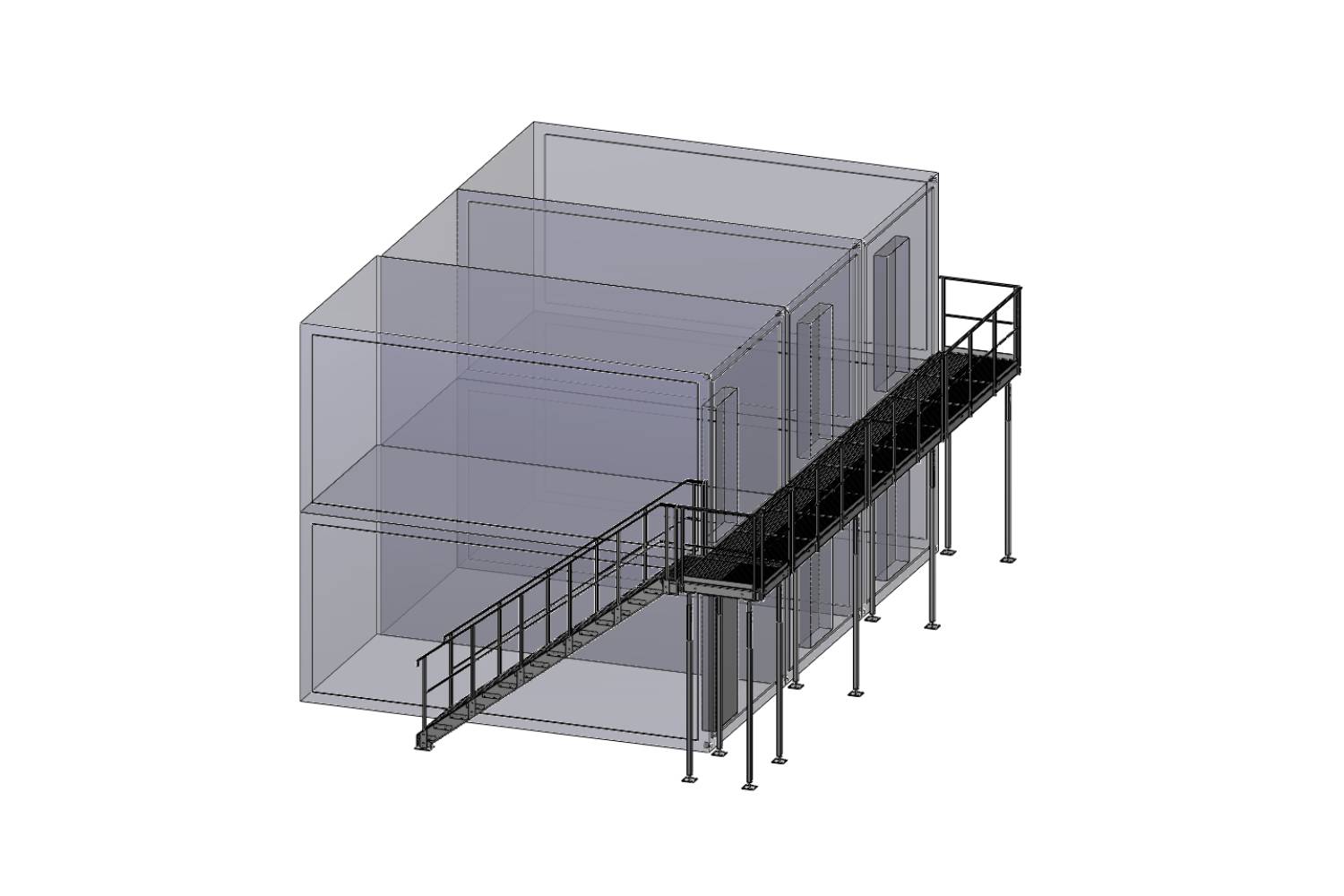 3D-Rendering einer Metallplattform mit Treppe und Geländer, die zu drei großen, halbtransparenten rechteckigen Gehäusen führt, die nebeneinander angeordnet sind.