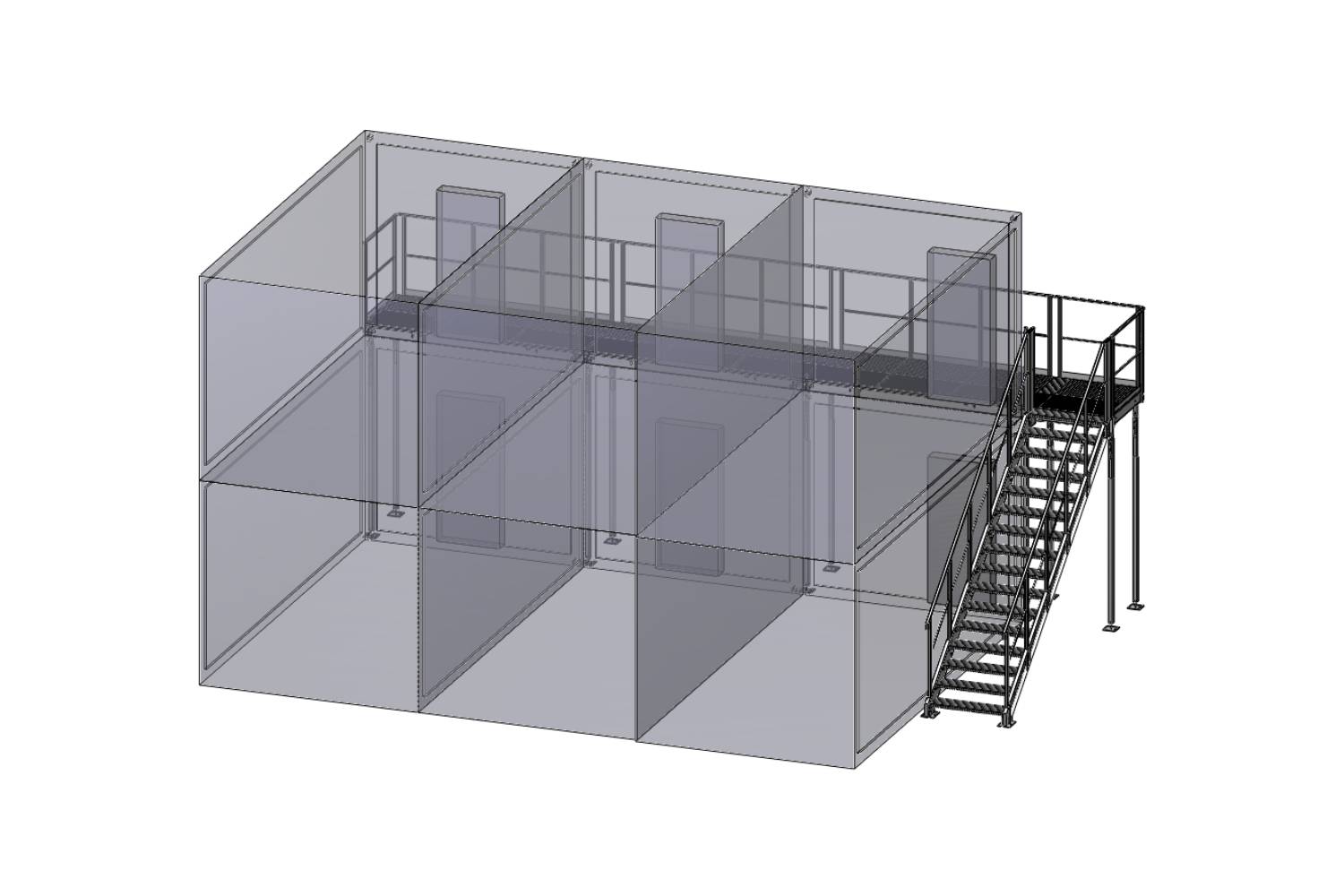 3D-Rendering einer zweistöckigen modularen Struktur mit transparenten Wänden, drei Räumen pro Ebene, einer Außentreppe und einem Verbindungsgang zwischen den oberen Räumen.