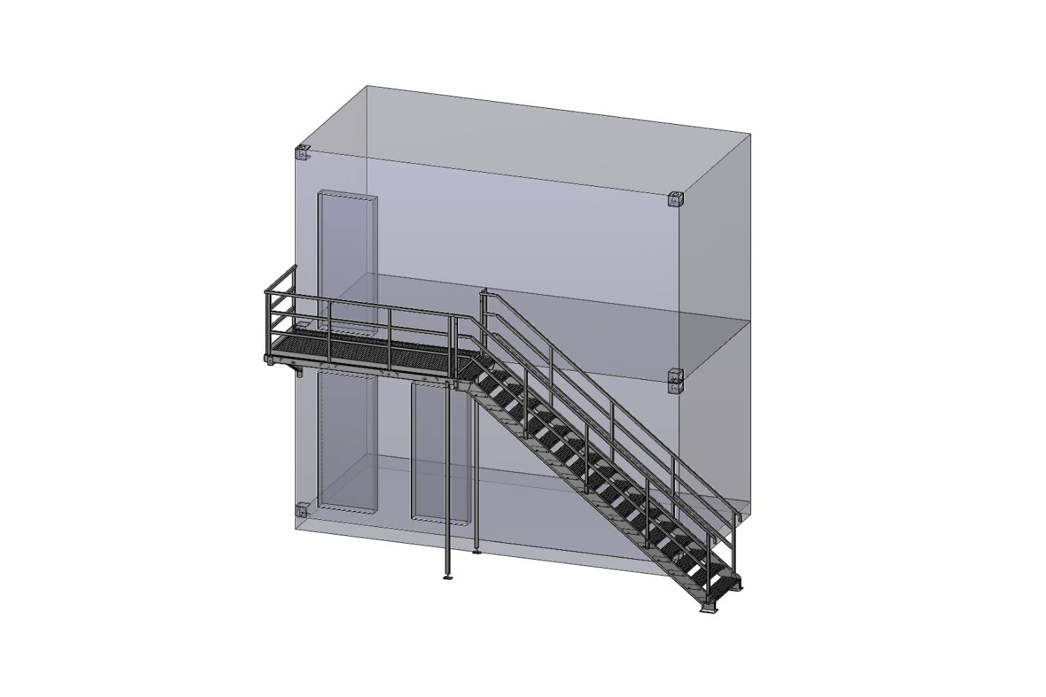 3D-Rendering einer Metalltreppe mit Geländer und Treppenabsatz, die an einer großen transparenten rechteckigen Struktur befestigt ist, die möglicherweise ein Industrie- oder Architekturmodell darstellt.