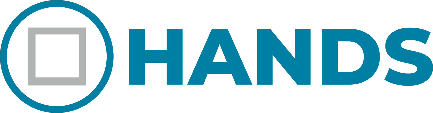 Logo mit einem blauen Kreis, der einen grauen quadratischen Umriss enthält, gefolgt von dem Wort HANDS in fetten blauen Großbuchstaben.