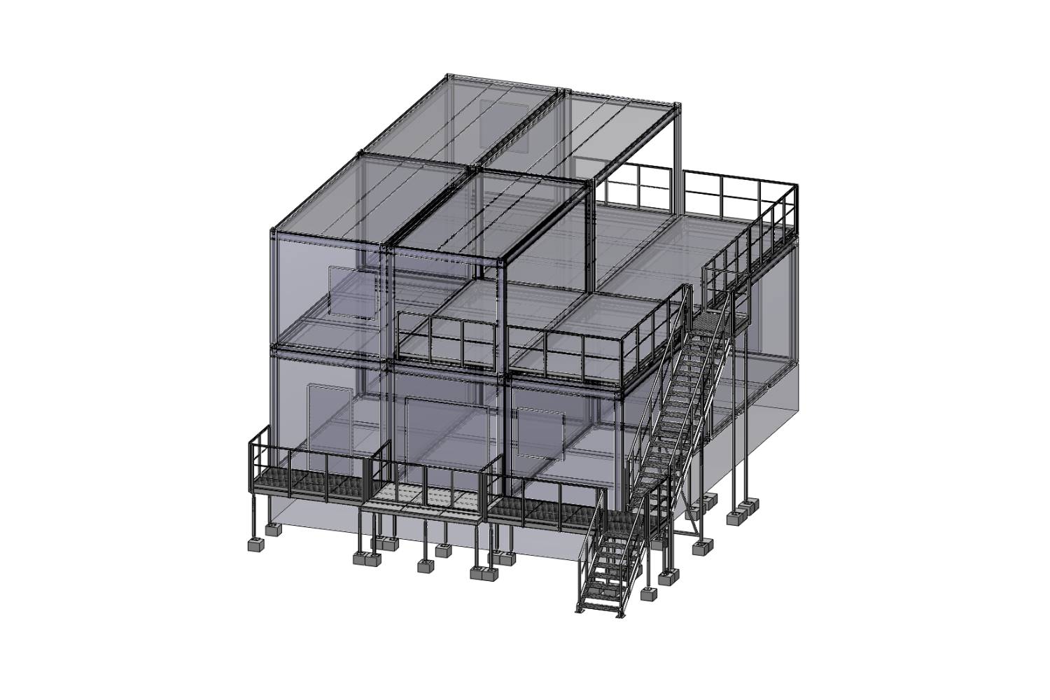 3D-Rendering einer zweistöckigen modularen Struktur mit einem Metallrahmen, Treppen, Geländern und erhöhten Plattformen, die von Säulen getragen werden und teilweise mit transparenten Paneelen umschlossen sind.