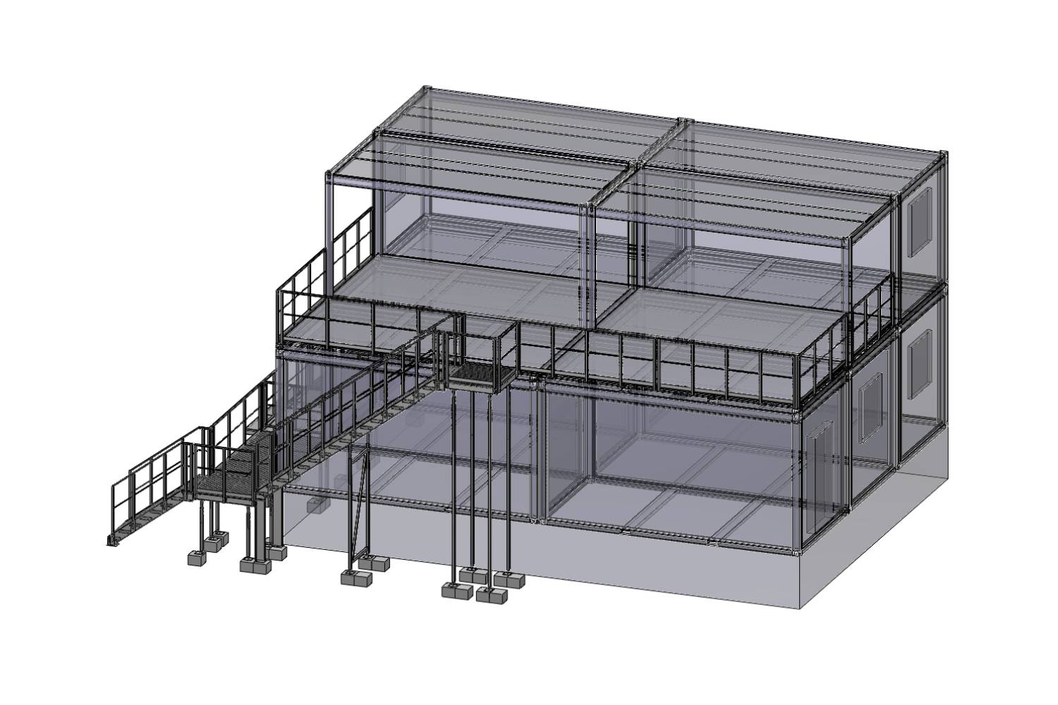 3D-Rendering eines zweistöckigen modularen Gebäudes mit Metallrahmen, transparenten Wänden, Außentreppe, erhöhter Plattform und Stützpfeilern an der Basis.