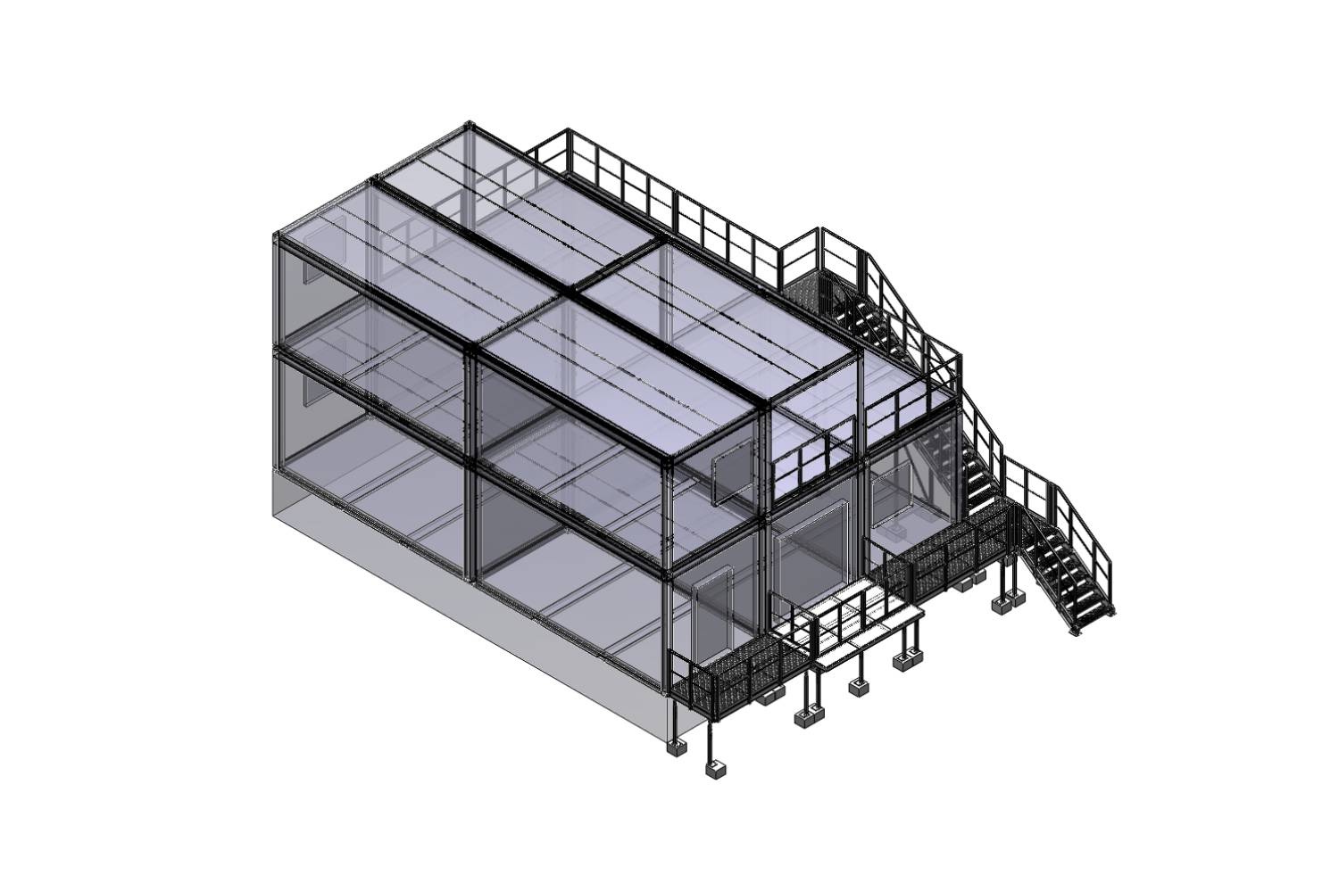 Eine architektonische 3D-Darstellung einer zweistöckigen Stahlkonstruktion mit Glaswänden, offenen Böden und einer Außentreppe aus Metall, die in die zweite Ebene führt. Die Struktur steht auf Säulen mit einer Plattform am Eingang.