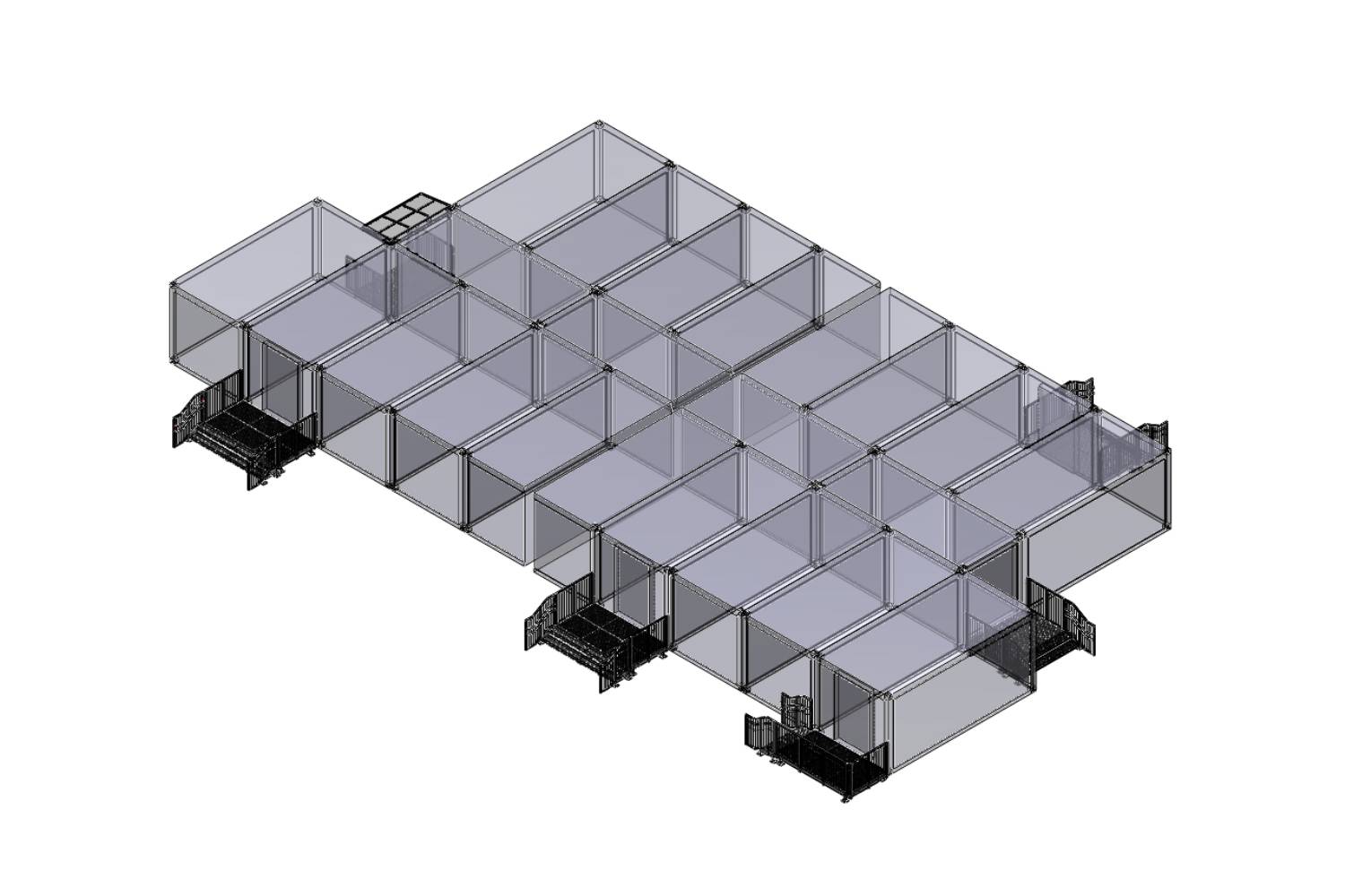 Isometrische Ansicht eines modularen, rasterartigen Gebäudegrundrisses mit transparenten Wänden und mehreren schwarzen Treppen, die zu den Eingängen an mehreren Seiten führen.