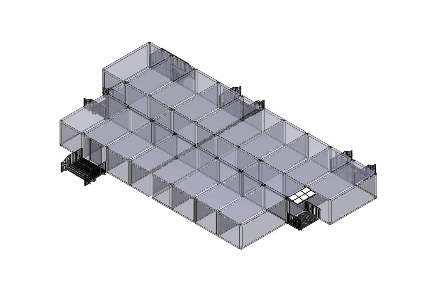 Isometrische Ansicht einer rechteckigen, modularen Struktur mit transparenten Wänden und Dach, die in mehrere quadratische Abschnitte unterteilt ist und mehrere Treppen an verschiedenen Punkten entlang der Seiten aufweist.