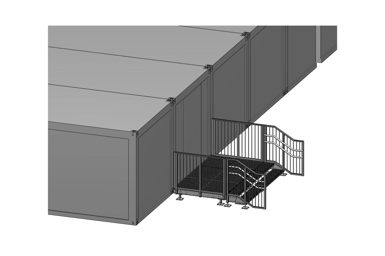 Eine schwarze Metalltreppe mit Geländer führt zum Eingang eines großen, grauen Modulgebäudes. Die Treppe und die Eingangsplattform sind mit dem Gebäude verbunden.