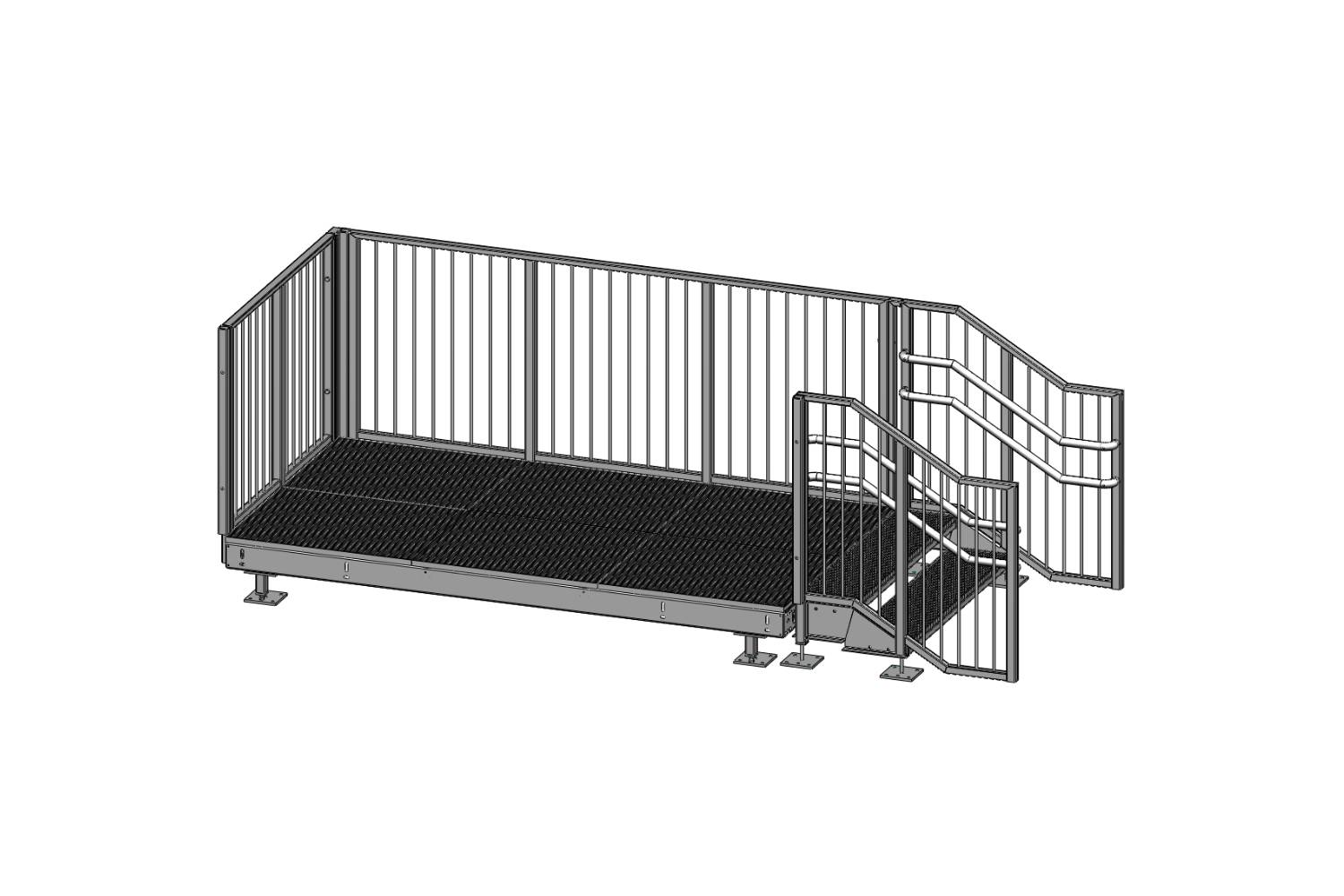 Eine 3D-Darstellung einer barrierefreien Rampe aus Metall mit Sicherheitsgeländern auf beiden Seiten, einer geriffelten Gehfläche und einer kurzen Stufe am Ende.