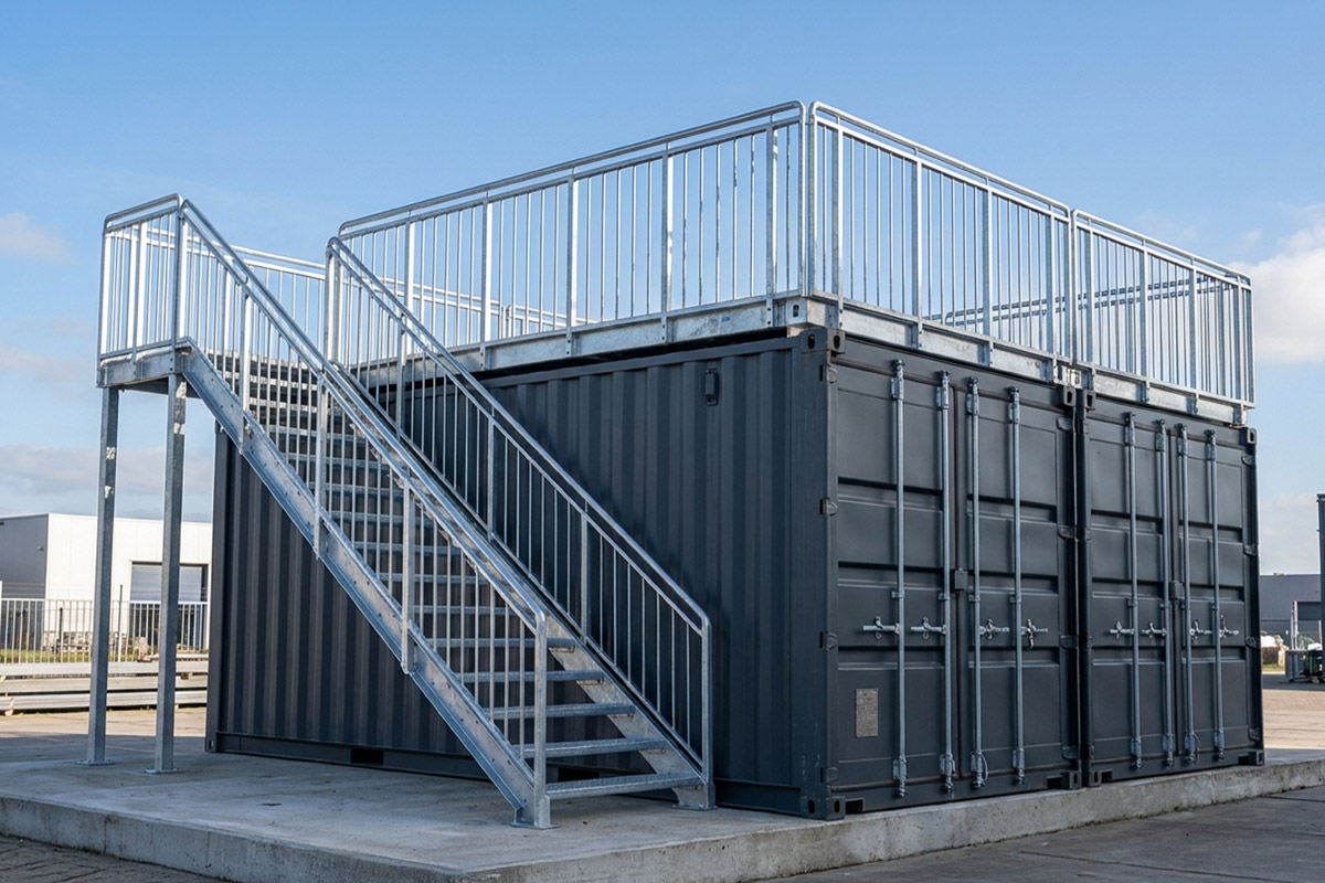Ein großer dunkelgrauer Schiffscontainer mit einer Metalltreppe und einer Plattform auf der Oberseite, umgeben von einem Geländer, steht auf einem Betonsockel im Freien unter einem klaren blauen Himmel.